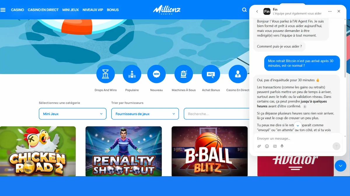 Capture de la conversation en direct with le support de Millionz Casino.