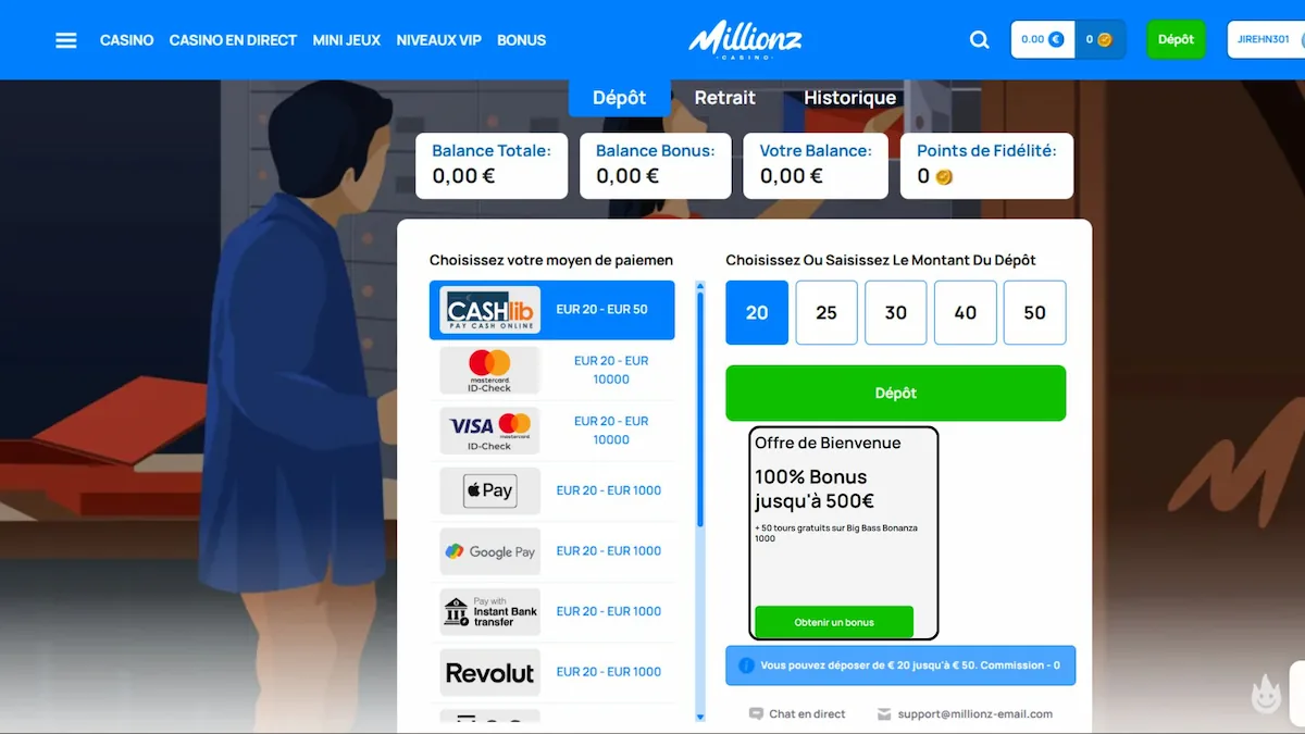 Interface pour le premier versement et activation du bonus sur Millionz Casino.
