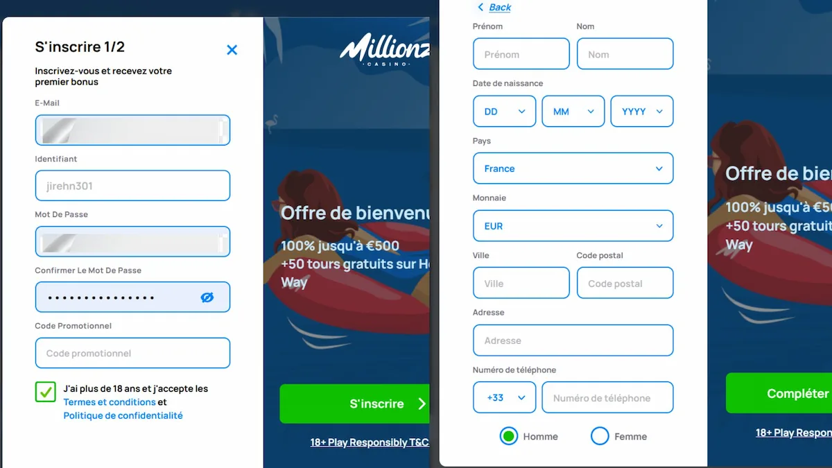 Capture du formulaire pour une inscription très rapide sur le casino Millionz.