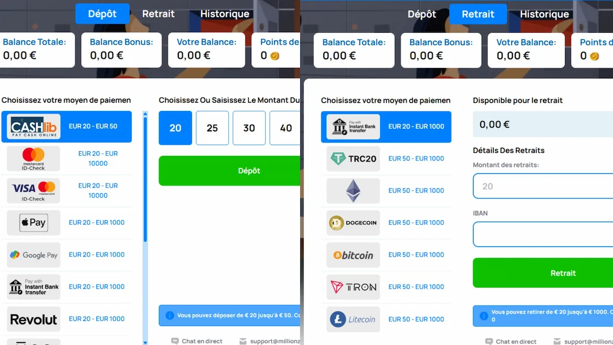Liste des nombreuses méthodes de paiement disponibles pour déposer sur Millionz Casino.